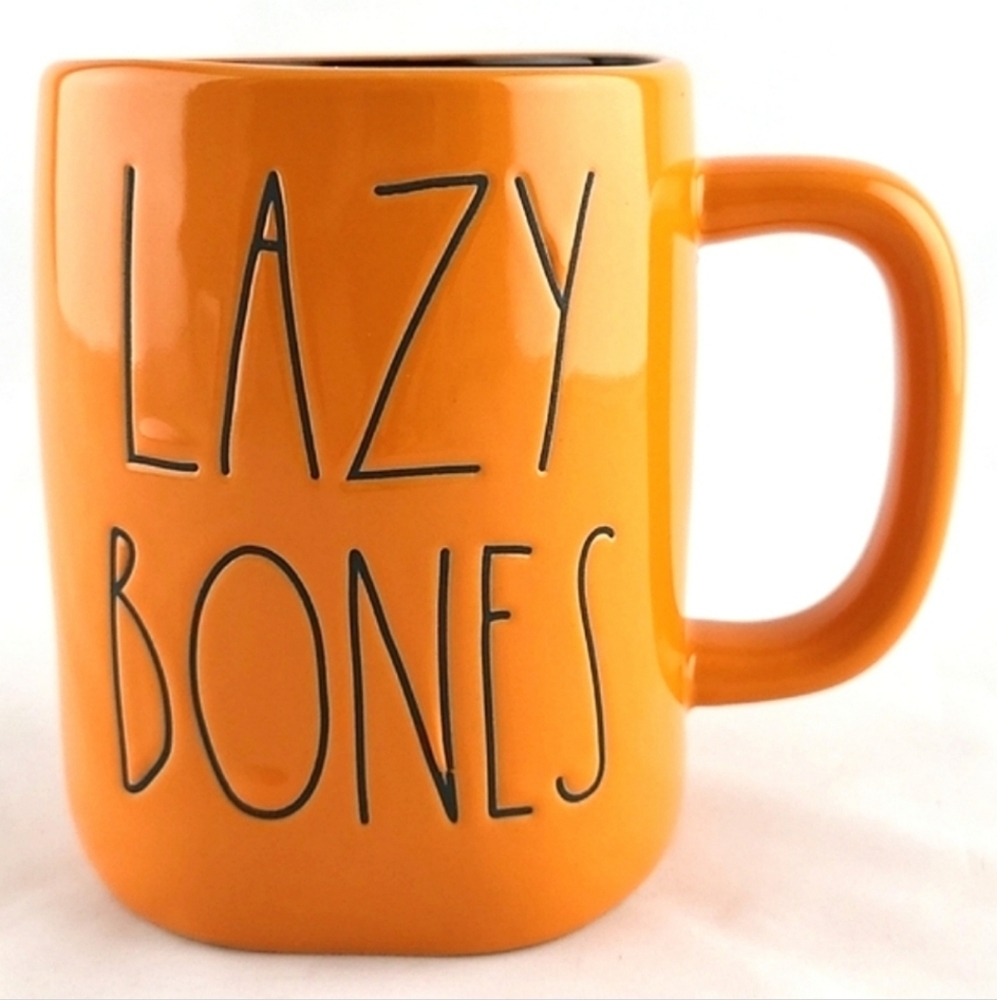 RAE DUNN Artisan Glossy Orange Ceramic Mug Black Large Letters LAZY BONES